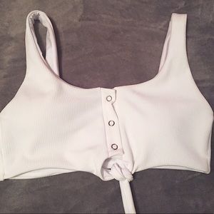 White Ribbed Snap & Front Tie Bikini Top👙